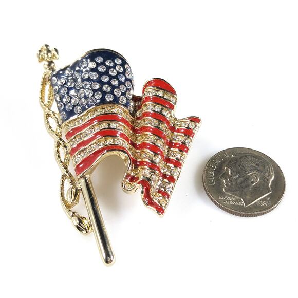 Vintage Monet Flag Brooch, United We Stand 9/11 Enamel Rhinestone Pin, Signed - Picture 10 of 10